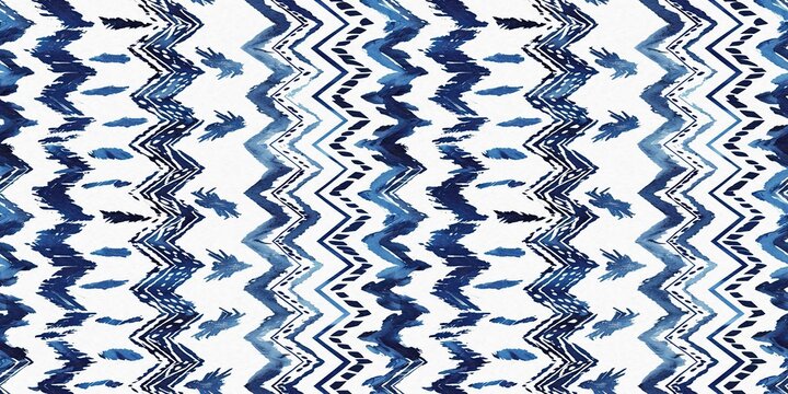 Summery ikat zig zag border pattern in painterly brushstroke digital design. Modern coastal living printed textile decor in seamless banner tape template.