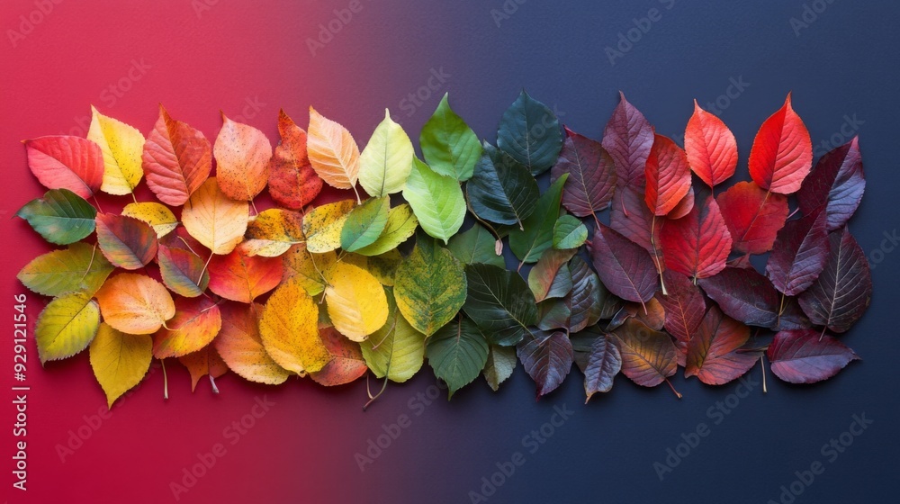 Poster A vibrant display of autumn leaves is arranged in a horizontal line, showcasing a spectrum of colors against a gradient background.