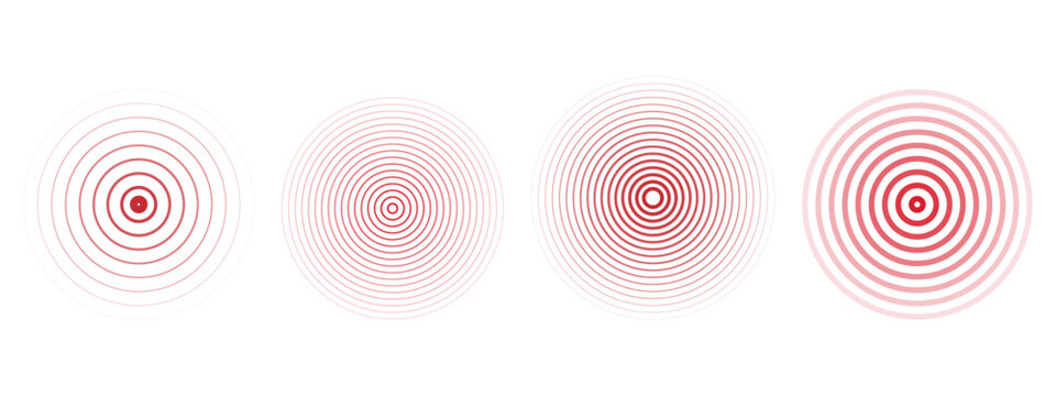 Concentric ripple circles set. Seismic Earthquake alert radar. Radial signal, sonar wave, soundwave rings. touch effect or pulse