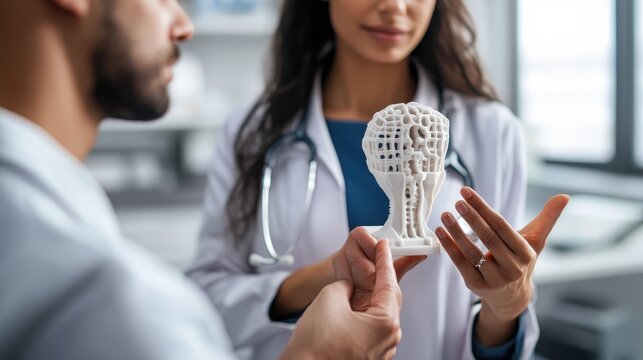 A healthcare provider discusses a 3D model with a patient in a clinical environment