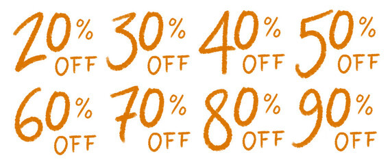 Textos de descontos e promoção de 20% off até 90% off laranja em fundo transparente sem fundo