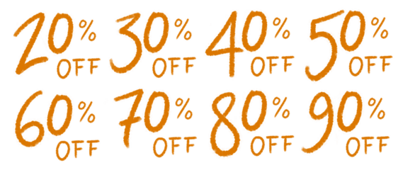 Textos de descontos e promoção de 20% off até 90% off laranja em fundo transparente sem fundo