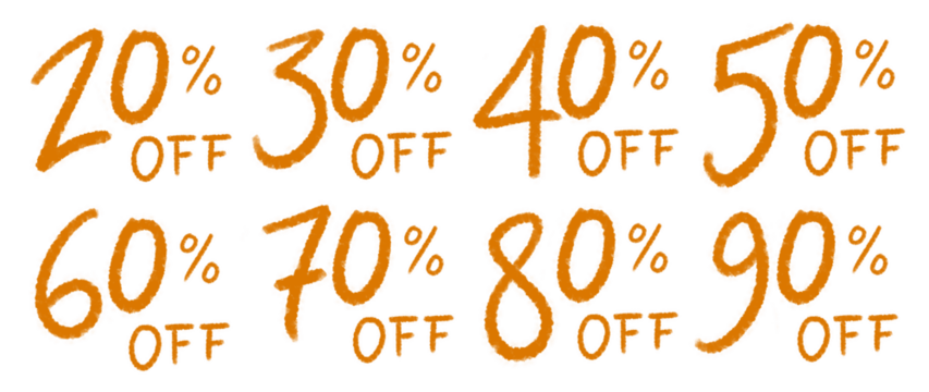 Textos de descontos e promoção de 20% off até 90% off laranja em fundo transparente sem fundo