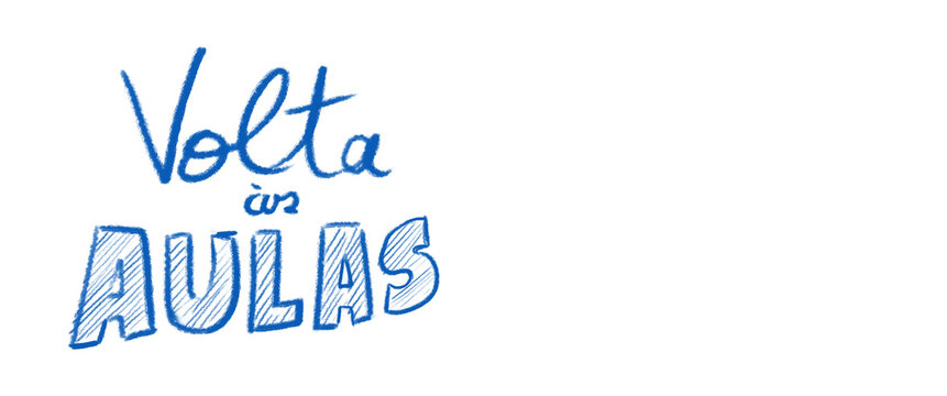 Texto de Volta &agrave;s Aulas, azul e branco, em fundo transparente sem fundo