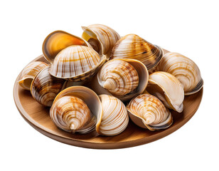 A beautiful arrangement of clams displayed on a wooden plate, showcasing their intricate patterns and natural hues.