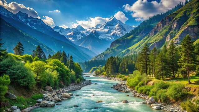 Snow-capped Himalayan mountains touch the sky behind a serene valley in Himachal Pradesh, India, with lush green forests and a meandering river flowing gently.