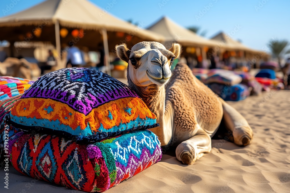 Poster A camel rests on colorful cushions in a desert setting