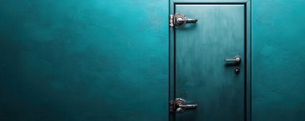 A modern teal door with unique locks against a textured wall, ideal for architectural or interior design themes.