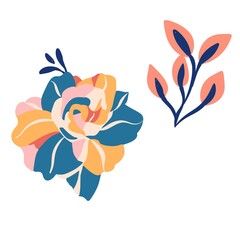 Fototapeta premium Set of tropical elements hand drawn illustration leaves, palm, flower, strawberry, ethnic, paisley, foliage embroidery. 