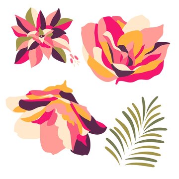 Set of elements floral graphic vector colorful tropical flowers and foliage