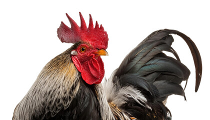 Close-up of a vibrant rooster showcasing its colorful feathers and distinctive crown, symbolizing farm life and natural beauty.