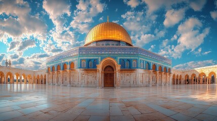 Panoramic View of Al Aqsa Mosque Dome in Jerusalem with Arches, Columns, and Golden Dome Under Blue Sky and White Clouds