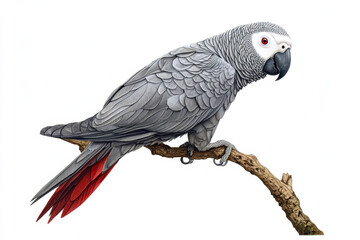 Fototapeta premium Detailed illustration of an african grey parrot perched on a branch, showcasing its distinctive gray plumage and red tail feathers