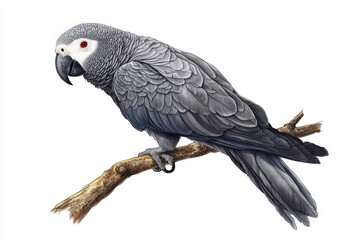 Obraz premium Detailed illustration of an african grey parrot resting on a branch, showcasing its distinctive grey plumage and intelligent gaze