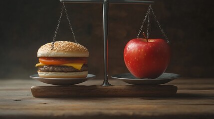 A juicy burger and a red apple on a balance scale.