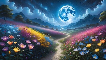 Obraz premium 3d render of fantasy landscape with colorful flower meadow and moon. Illustration