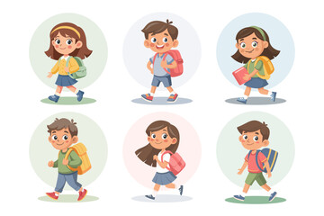 Cute schoolgirls and schoolboys with school backpack going to school. Set of pupils characters. Flat style illustration