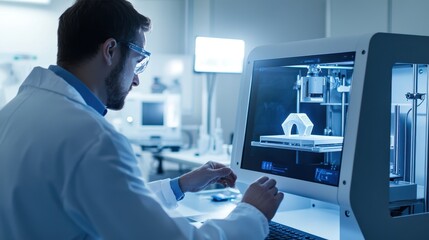 A scientist monitors a 3D printer while conducting an experiment in a high-tech lab