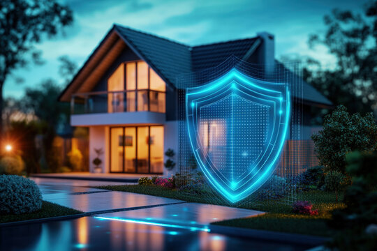 Hologram of a shield protecting a modern house with lights on at night, concept of home security system