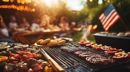 Memorial Day barbecue scene with grilling elements, flags, and outdoor decor