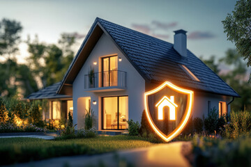 Modern house with glowing windows at dusk is protected by a bright shield icon, symbolizing a home security system