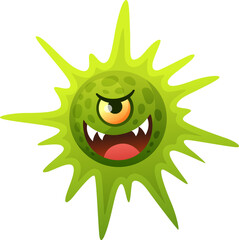 Evil green virus with cartoon face angry expression