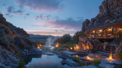 The tranquil mountain peak of the cliff edge hot spring in the twilight mountainous area, where the steam white of dusk blends with the rock ash on the mountain, creates a natural paradise for relaxat