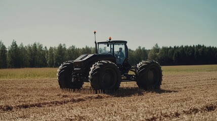 Obraz premium A tractor works the fields, preparing the ground for the next planting season in bright sunshine
