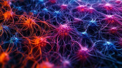 Neural network visualization, complex web of synapses in rich hues, 3D illustration