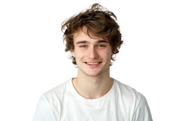 Handsome young man with a warm smile, wearing a white T-shirt, on a white background.