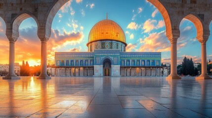 Naklejka premium Panoramic View of Mosque Dome in Jerusalem with Arches, Blue Sky, and Stone Floor in Hyper-Realistic Photography