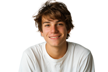 Handsome young man with a warm smile, wearing a white T-shirt, on a white background.