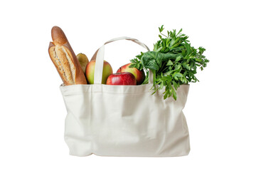 Canvas bag containing various items such as baguettes, apples and greens, isolated on a white background.