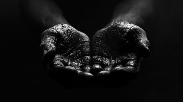 Black and white close-up photograph of textured hands against a dark background highlighting intricate details and conveying powerful emotions with intense contrast and sharp focus