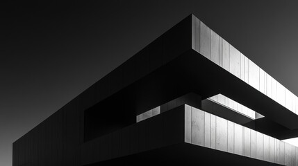 Fototapeta premium Black and white architectural photograph against a black background highlighting geometric shapes and shadows with strong contrast and sharp lines for a bold visual composition