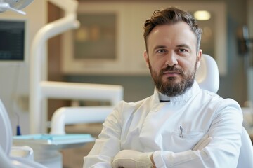 Front view of professional male dentist in white doctor coat and protective gloves