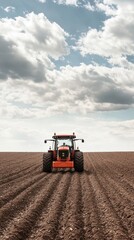 Obraz premium A tractor prepares the soil for planting while clouds drift overhead in the springtime