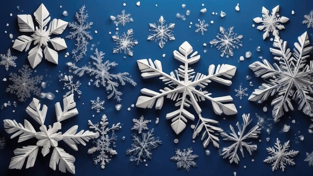 Snowflake patterns on a blue background, wintry and festive.