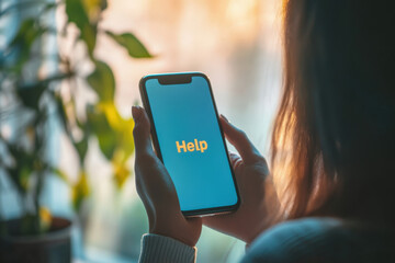 Woman holding smartphone showing help sign over domestic violence concept