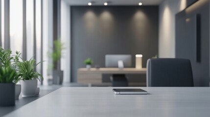 Blurred modern workspace background sophisticated design soft focus contemporary office clean lines professional atmosphere muted tones subtle lighting minimalistic aesthetic organized environment