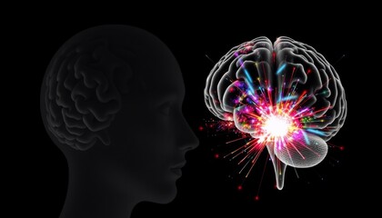 Left brain in grayscale lifeless and muted meets the right brain exploding with vivid colors and radiant light all against a deep black backdrop