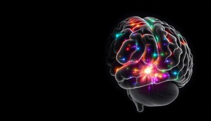 Grayscale left brain appears lifeless compared to the right brain which glows with vibrant colors and light against a black background