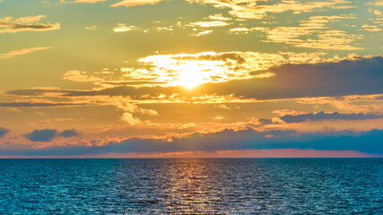 Aerial Sunset Over Tranquil Lake Michigan during Golden Hour