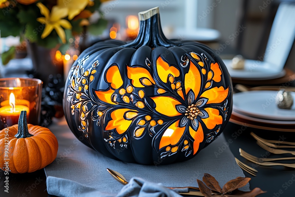 Poster a carved pumpkin with a floral design glows with candlelight on a table setting.