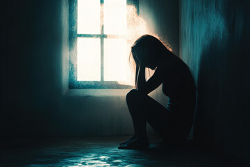 Silhouette of a sad woman squatting on the floor by the window, experiencing the effects of domestic violence