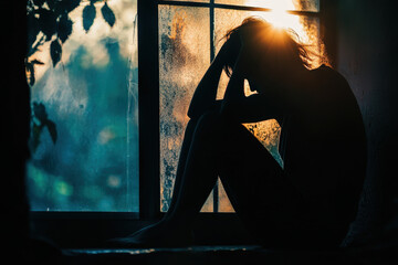 Silhouette of a sad woman sitting by the window, experiencing the effects of domestic violence