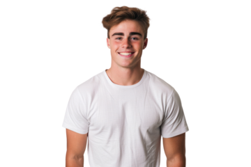 Handsome young man in a relaxed pose with a friendly smile on a white background.