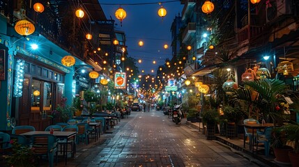 Obraz premium Vibrant and Bustling Nighttime Street Market with Colorful Stalls and Lively Atmosphere