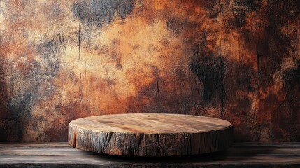 Fototapeta premium Wooden podium on a rustic brown background with texture