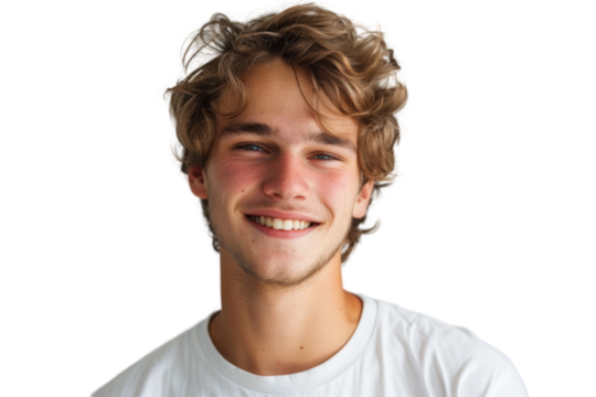 Handsome young man in a relaxed pose with a friendly smile on a white background.